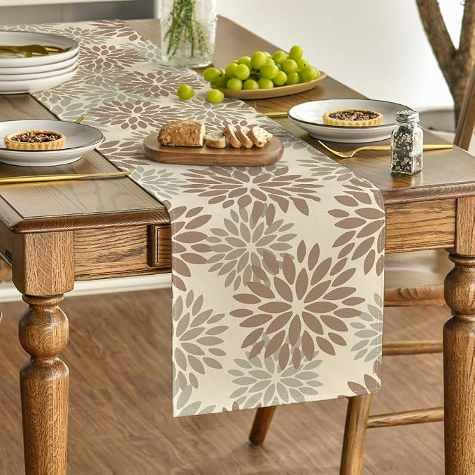 Artoid Mode Brown Gray Dahlia Pinnata Flower Floral Table Runner, Seasonal - Image 3