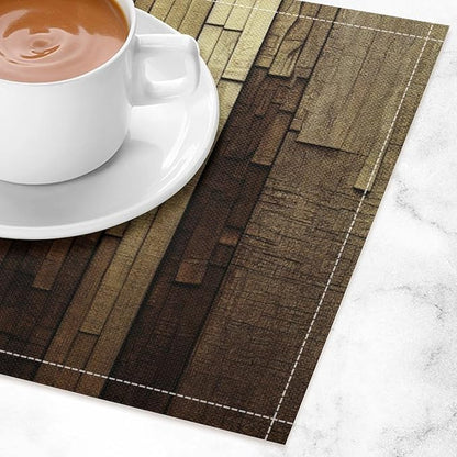 Retro Plank Placemat Set, Rural Old Shabby Brown Beige Farmhouse Barn Wooden Board Pattern Home Decor Linen Table Mats for Dining Room Kitchen Party (17x12in) x4P
