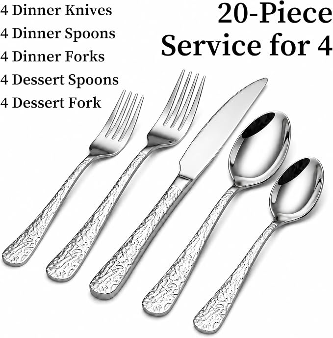 20 Piece Embossed Silverware Set, Stainless Steel Flatware Set - Image 5