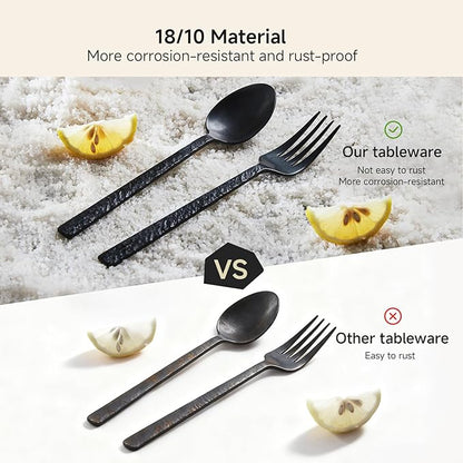 KINGSTONE 20 Pcs Black Hammered Silverware Set for 4, 18/10 Stainless Steel Heavy Duty Flatware Set, Tableware Cutlery Utensil Sets for Home Restaurant Dishwasher Safe