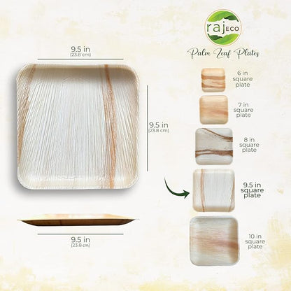 Raj Palm Leaf Plates [200-Pack] Large Square Plates like Bamboo plates Disposable, Strong, Decorative Compostable Tableware for wedding, Lunch, Dinner, Birthday, Camping, Outdoor BBQ, Picnic