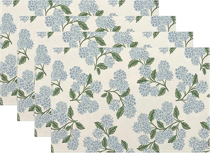 Blue Green Spring Placemats Set of 6 Hydrangea Flower Decor Place Mats 12x18 Inch Vintage Floral Summer Seasonal Decorative Linen Table Mats for Home Kitchen Dining Party Table Decoration