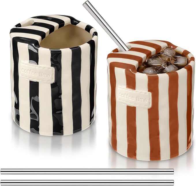 2 Pack Ceramic Coffee Mug with Sip Hole Espresso Cup 10oz with Straws Retro by Ferrochef