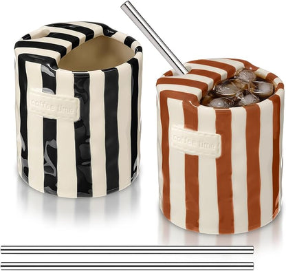 2 Pack Ceramic Coffee Mug with Sip Hole Espresso Cup 10oz with Straws Retro by Ferrochef
