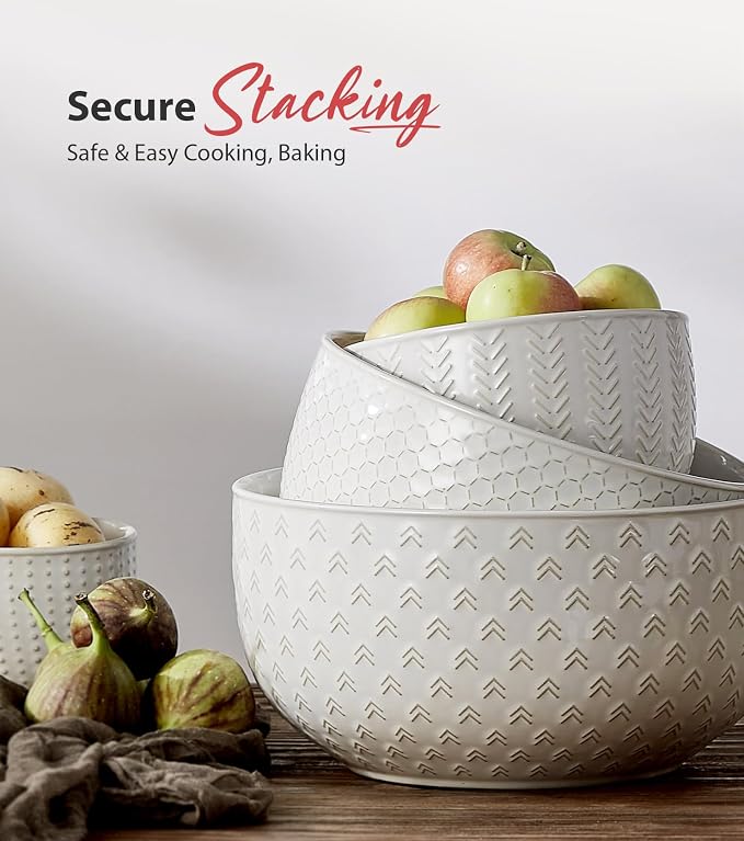 Lareina Ceramic Large Mixing Bowls Set of 4, 20/44/98/145 OZ, Ivory White | - Image 6