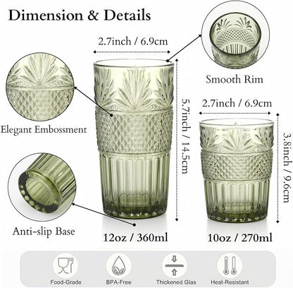 Green Drinking Glasses Set of 12, 12 Oz Highball & 10 Oz Cocktail Glasses - Image 2
