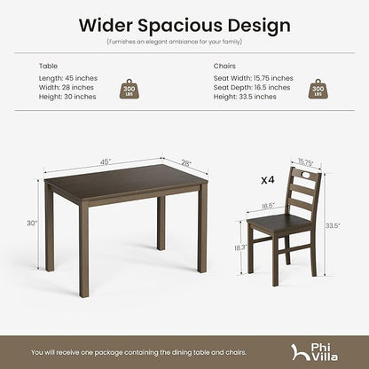 PHI VILLA Dining Table Set for 4, Solid Wood Farmhouse Kitchen Table Chairs Set of 4, 5 Piece Space-Saving Dining Room Table Set for Apartment, Dark Oak