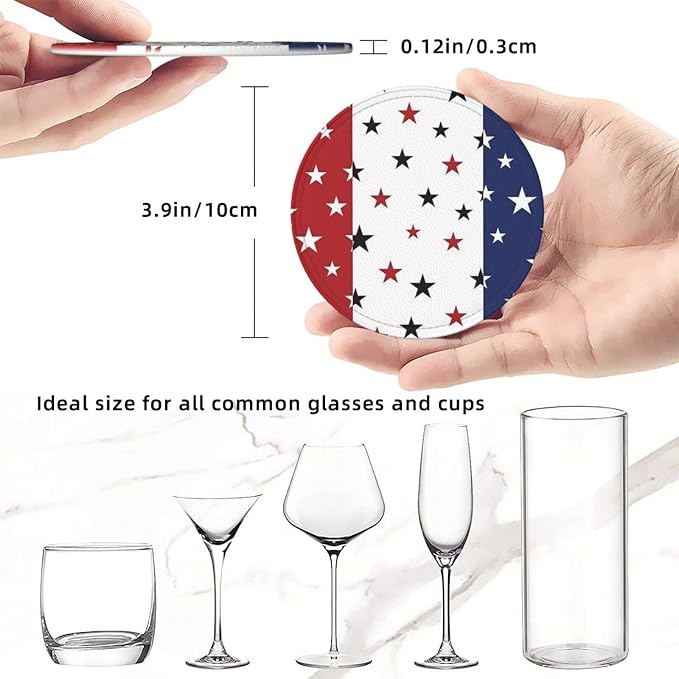 6 Pcs 4th of July Stars Blue Red White Leather Coasters - Image 8