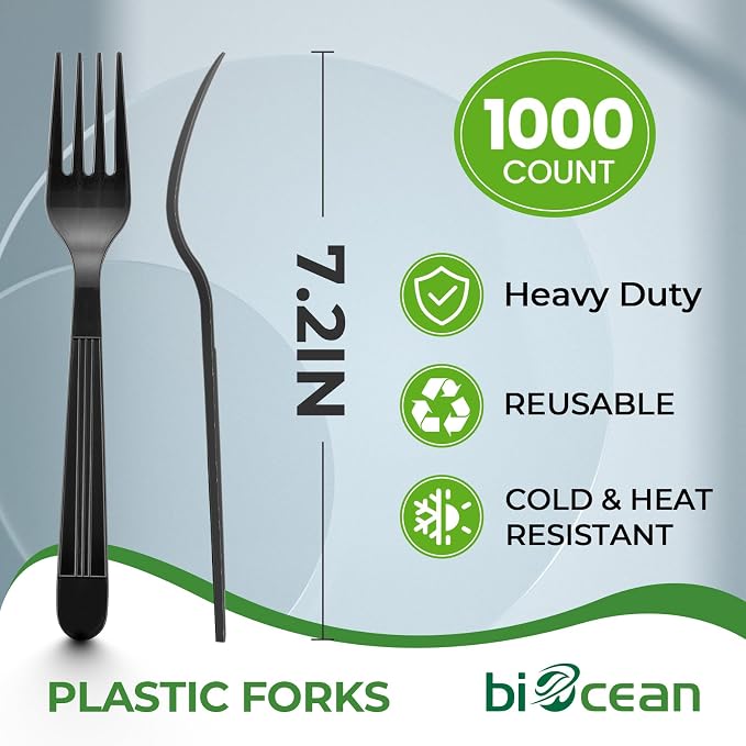 1000 Count Extra Heavy Duty Plastic Forks Black Disposable Forks Premium Bulk - Image 2