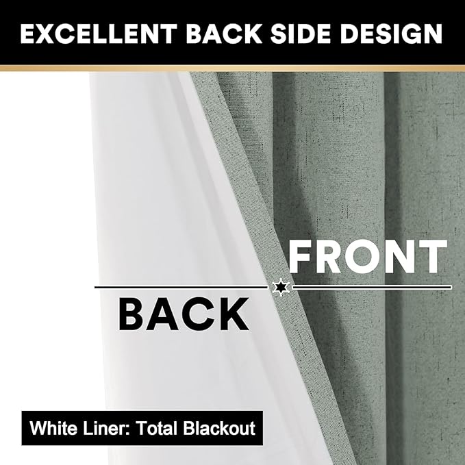 PrinceDeco 100% Linen Blackout Curtains 108 Inches Long Faux Linen Blackout Curtains for Bedroom Extra Wide Curtains for Sliding Glass Doors Patio Door Curtains,W100 X L108 Inch,Green Bay