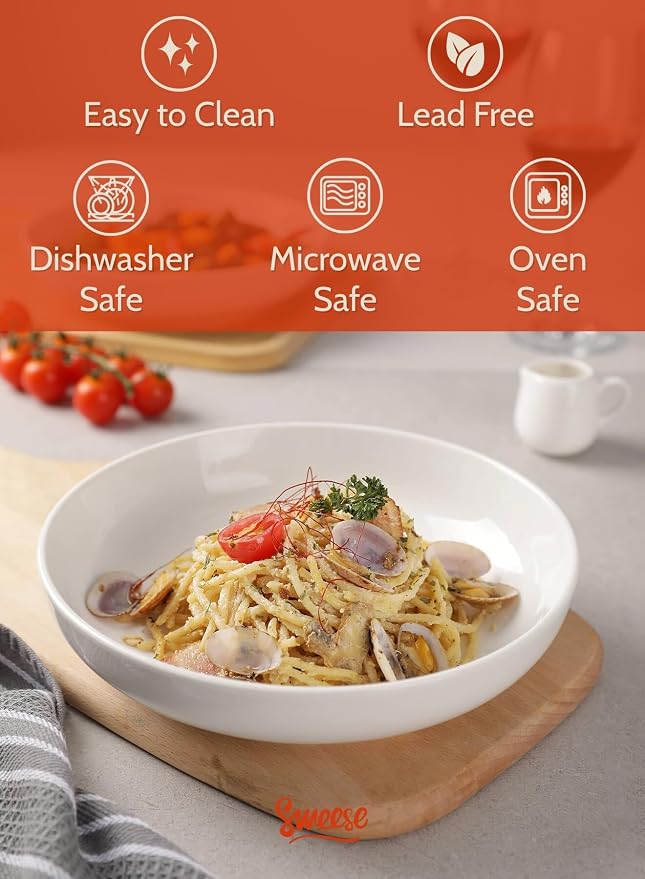 Sweese Large Salad Serving Bowls, 30 Ounce Porcelain White Pasta Plates Set of 6 - Image 3