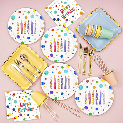 Birthday Plates & Napkins, Colorful Dots, 7 Inch, Disposable Paper Dinnerware - Image 7