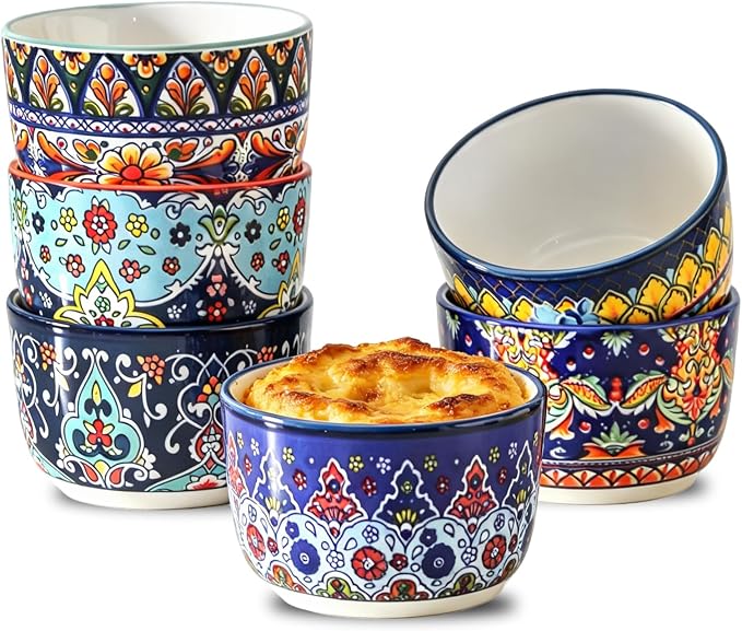 8 oz Ramekins Oven Safe Set of 6, Ceramic Sauce Cups, Bohemian | Ideal by Tikooere