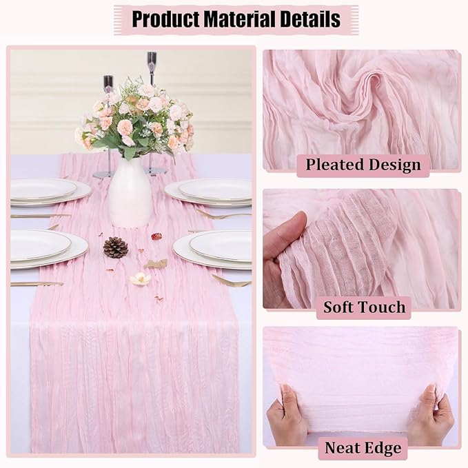 Light Pink Cheesecloth Table Runner 35 x 157 Inch Boho Gauze Table Runner - Image 3