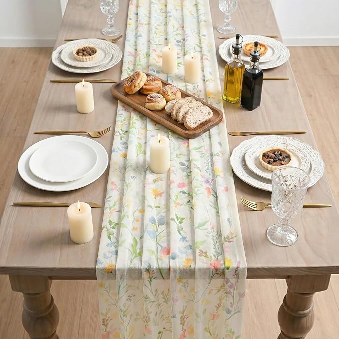 Artoid Mode Floral Spring Boho White Chiffon Table Runner 120 Inches 10FT - Image 3