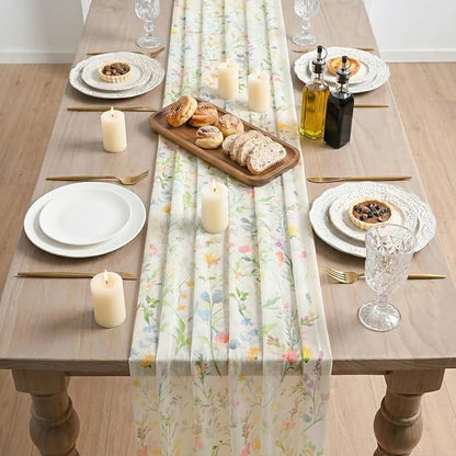Artoid Mode Floral Spring Boho White Chiffon Table Runner 120 Inches 10FT - Image 3