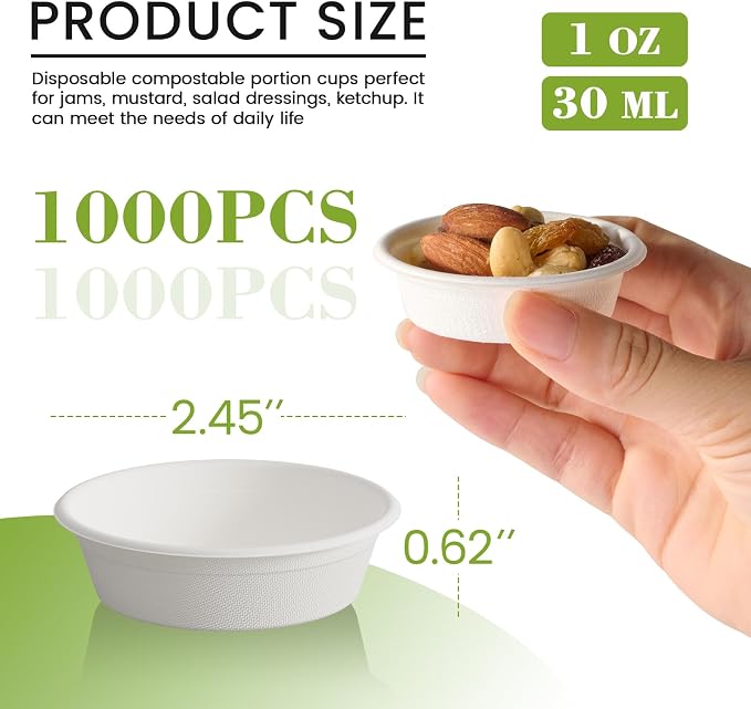 ECOLipak 1 oz Compostable Condiment Cups, 1000 Pack Bagasse Portion Cups | - Image 2