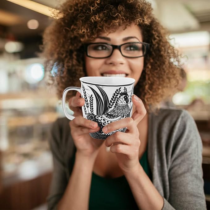 Karma Gifts 14 oz Black and White Boho Mug Rooster - Image 6