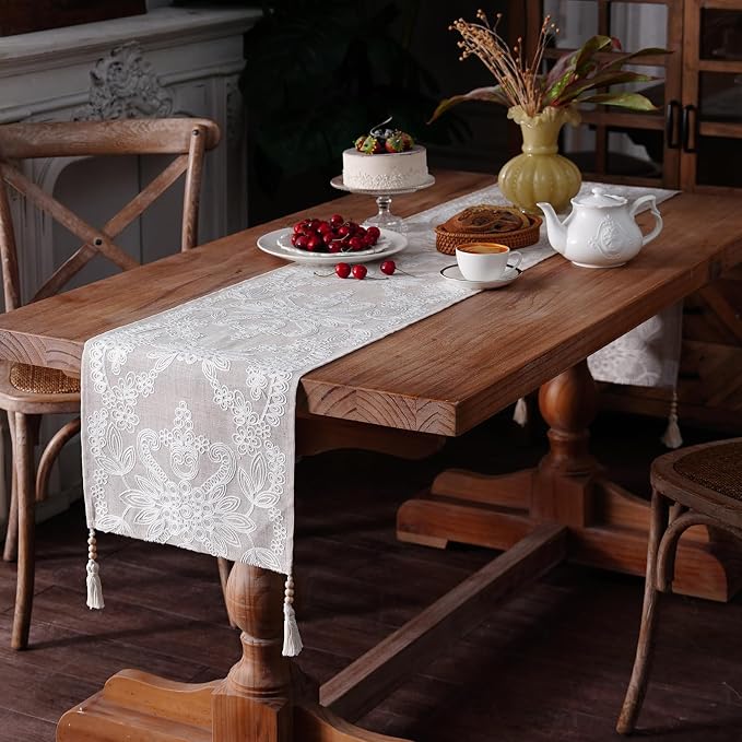 Embroidered Table Runner Boho Farmhouse Dresser Scarf, 4 Tassel Pendants - Image 3