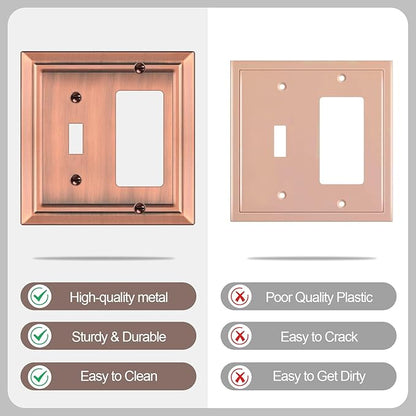 Metal Wall Plate for Electrical Outlets, Decorative Antique Copper Switch Plates Outlet Cover, Light Switch Cover Plate, 2-Gang Wall Plates (Toggle/Decorator, 2 Pack)