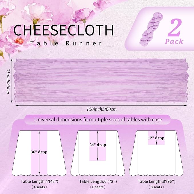 Showgeous 2 Pack Lilac Cheesecloth Table Runners Boho Wedding Decor | Rustic - Image 2