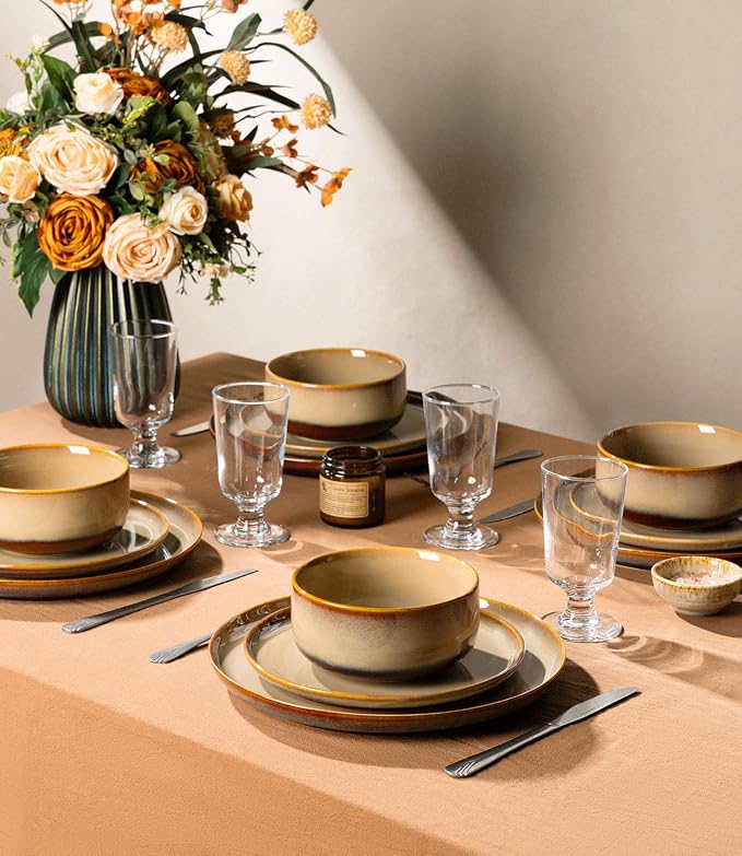 Ceramic Dinnerware Set for 4, 12-Piece Plates and Bowls Set | Handmade Reactive - Image 6
