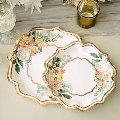 50 Pack 10" White/Rose Gold Floral Print Scallop Rim Dinner Plates, Disposable Round Paper Party Plates 300 GSM for Festive Table Decoration