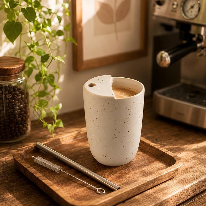 1 Pack Ceramic Coffee Mug with Sip Hole 9.5oz Retro Espresso Cup with Straw and - Image 3