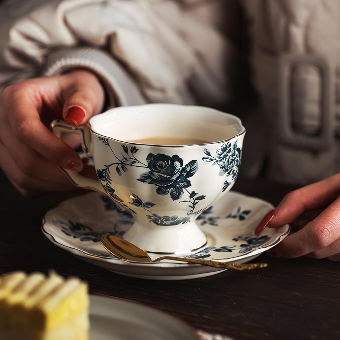 KAMMAK Tea Cups and Saucers Set of 2, 6.8 oz Porcelain Coffee Cups, 563N | - Image 2