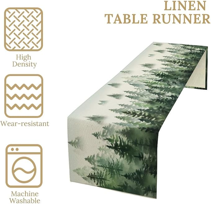 Watercolor Green Pine Trees Table Runner, Forest Woodland Tabletop Scarf Home - Image 4