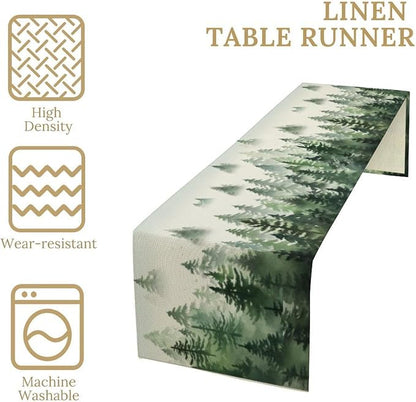 Watercolor Green Pine Trees Table Runner, Forest Woodland Tabletop Scarf Home - Image 4