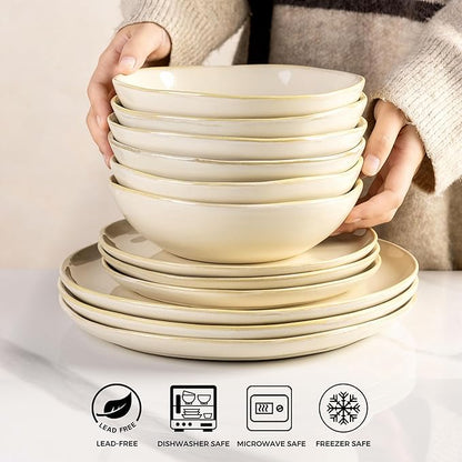 AmorArc Ceramic Cereal Bowls Set of 6, 24 oz Handmade Stoneware Bowls Set for Cereal Soup Salad, Stylish Kitchen bowls for Meal, Dishwasher & Microwave Safe, Reactive Glaze-Vanilla
