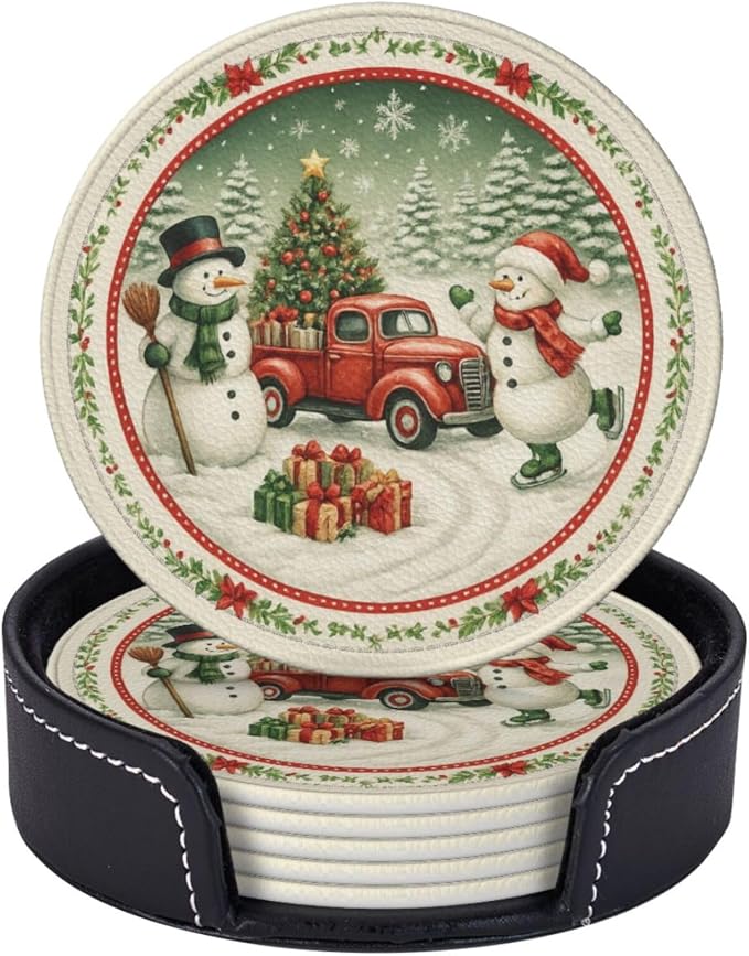 Winter Xmas Snowman Truck Snow Scene Coasters by KiuLoam