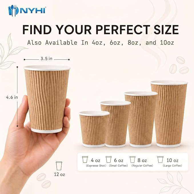 NYHI 150 10 oz Ripple Kraft Paper Cups Brown Hot Cold Cups 3 Layer Rippled - Image 8
