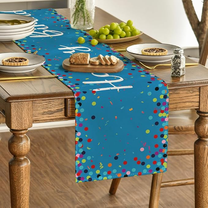 Artoid Mode Polka Dot Blue Happy Birthday Table Runner, Seasonal Winter Kitchen - Image 3