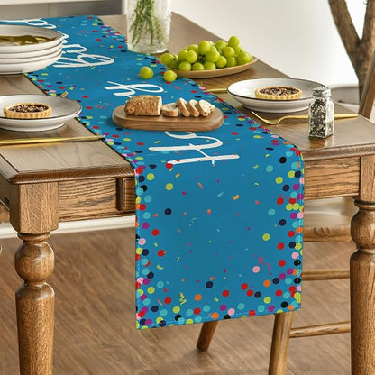 Artoid Mode Polka Dot Blue Happy Birthday Table Runner, Seasonal Winter Kitchen - Image 3