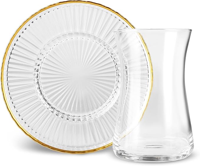 KARACA Nilufer 12-Piece Turkish Tea Glass & Saucer Set, 5.7 oz Gold Trim Clear - Image 5