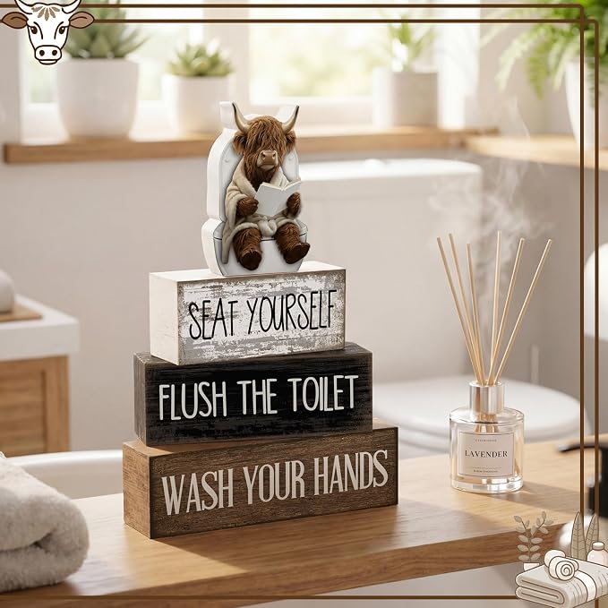 Moucuny 4 Pcs Highland Cow Bathroom Decor Set Funny Rustic Wooden Tiered Tray - Image 4