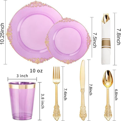 Hioasis 210pcs Purple and Gold Plates - Purple Party Plates for 30 Guest, Include 60 Heavy-duty Plates(20% Thicker Than Standard), 30 Pre Rolled gold Plastic goldware Set, 30 Cups