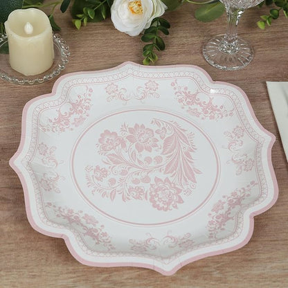 50 Pack 10" White Pink French Toile Dinner Plates, Disposable Round Paper Party Plates 300 GSM for Festive Table Decoration