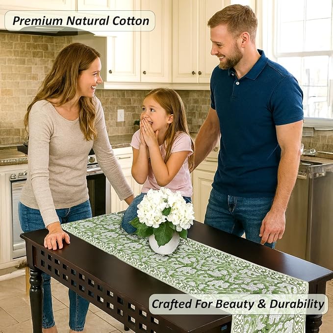 Sage Green Hand Block Print Cotton Table Runner Garden Farmhouse Buffet - Image 5