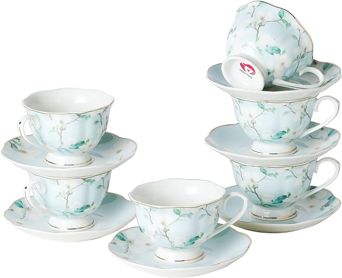 6oz Porcelain Tea Cup & Saucer Set of 6, complete 12-pieces cup & saucer set by PRECITIME