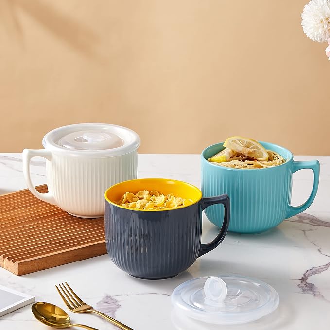 Ceramic Soup Bowl with Handle & Lid, Large 32oz Microwave Ramen Bowl Blue | - Image 6