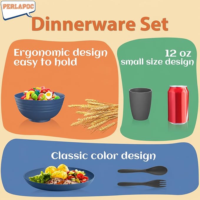 20PCS Plastic Dishes Set for 4, Unbreakable Wheat Straw Plates and Bowl Set | - Image 5