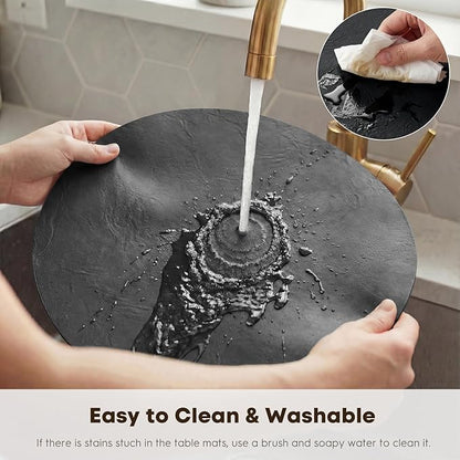 Artoid Mode Black Faux Leather Placemats Set of 4, 15 Inch Waterproof Wipeable Heat Resistant Vinyl Place Mats, Reversible Table Mats for Kitchen Dining Decor