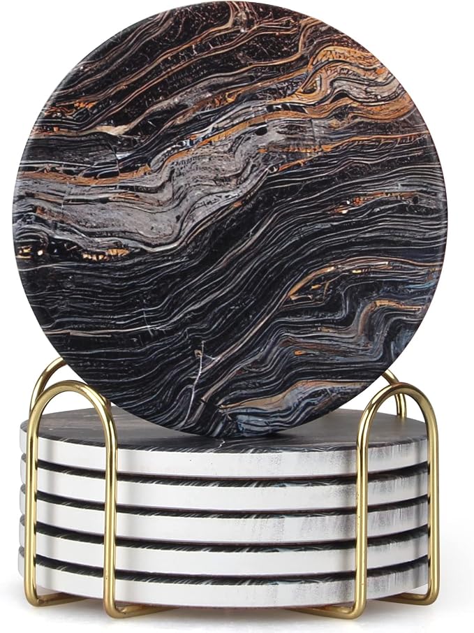 6 Pcs Black Ceramic Stone Modern Coasters by Dksyee