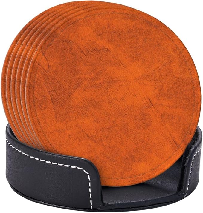 6 Pcs Old Orange Leather Coasters - Image 6