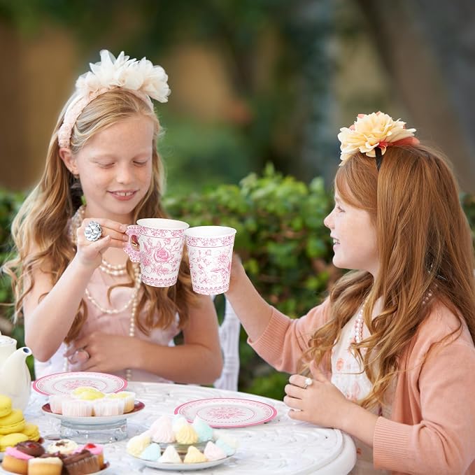 Whaline 80 Pcs Pink White Floral Paper Tea Cups and Saucers Porcelain - Image 5