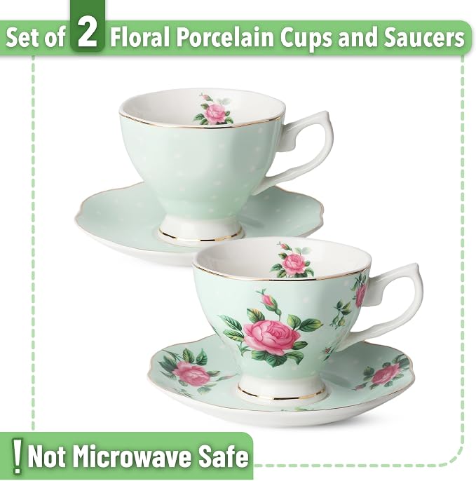 BTaT- Floral Tea Cups and Saucers, 8 oz, Fine Porcelain Teacup Set - Image 2