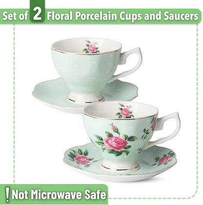 BTaT- Floral Tea Cups and Saucers, 8 oz, Fine Porcelain Teacup Set - Image 2